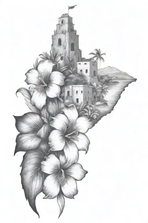 Ibiza, sea, sailboats, tropical leaves, hibiscus, village with flat roofs and a tower with three windows tattoo design idea
