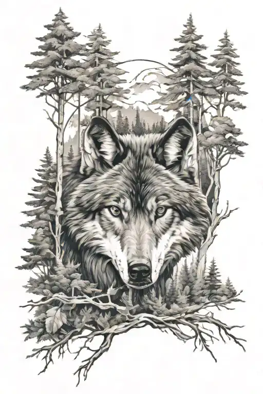 wolf and forest scene tattoo design idea