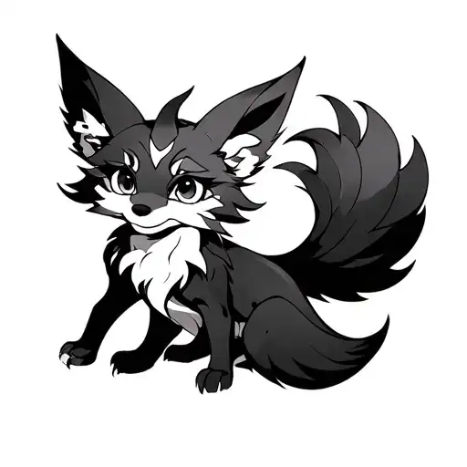 A vibrant, detailed illustration of a fox spirit (kitsune) with multiple tails, inspired by Japanese folklore and anime  tattoo design idea