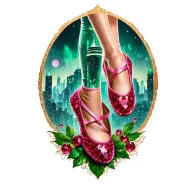 two sparkling ruby ballet slippers with emerald city in the background, no legs tattoo design idea