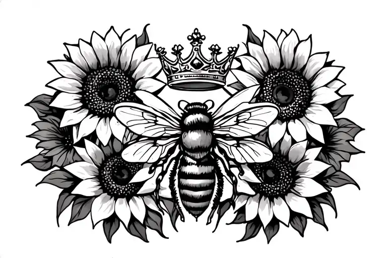chest piece that is symmetrical and has a crown, a queen bee and sunflowers tattoo design idea