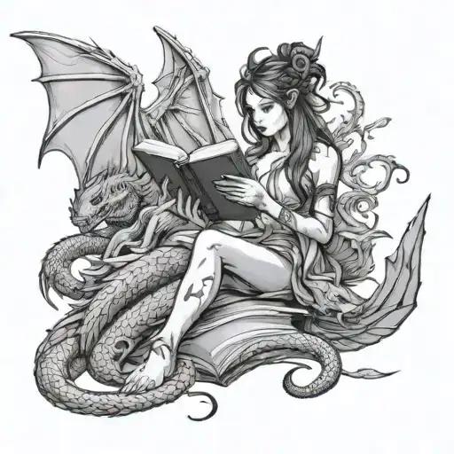 high fae woman reading a book with multiple dragons in the background tattoo design idea