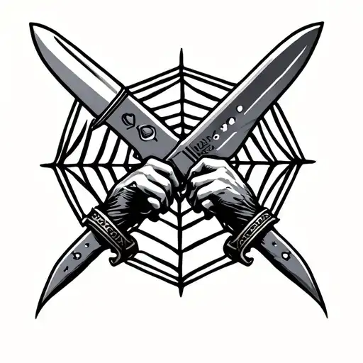 Traditional tattoo design of two hands holding crossed knives, bold black outlines, simple shading, spider web behind it tattoo design idea