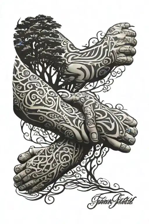 tribal sleeve with trees and a father and son holding hands tattoo design idea
