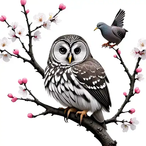 minimalist cardinal barred owl cuddling on cherry blossom branch with mourning dove on second branch  tattoo design idea