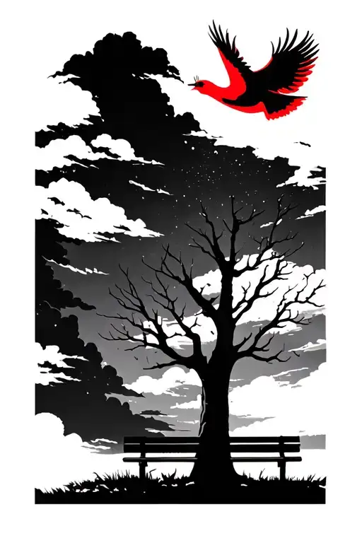 A solemn, stencil-style tattoo of a bare tree and empty bench beneath a cosmic sky, pierced by a soaring Vermilion Bird— tattoo design idea