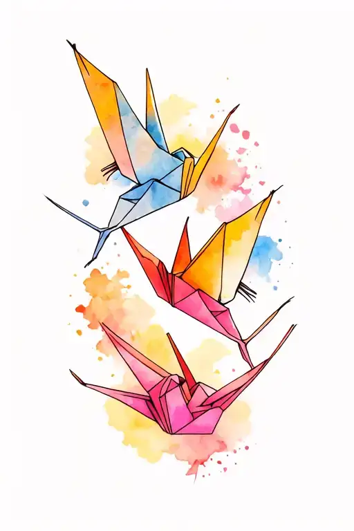 A colorful tattoo design featuring three origami paper cranes of descending sizes over a Japanese background  tattoo design idea