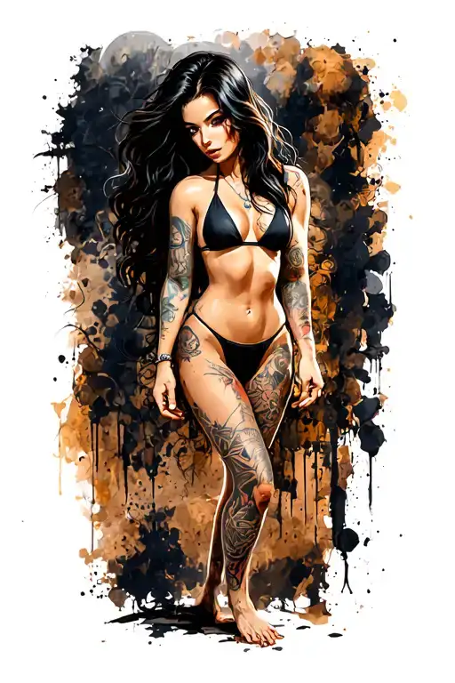 Sexy girl, petite, small boobs, wide hips, bikini . long hair,sexual. Seductive. Full Body, standing with legs and feet tattoo design idea