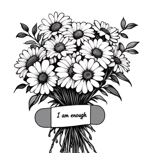 bouquet of flowers held together around the stems by a bandaid. on the bandaid it says "I am enough".  tattoo design idea