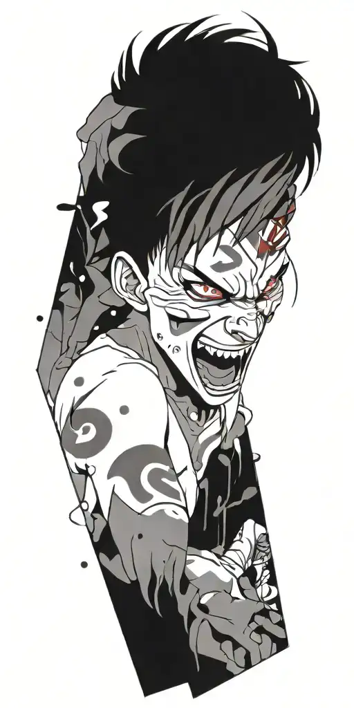 Anime character standing screaming wearing oni mask fighting off inner demons with miminmal black  tattoo design idea