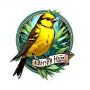 yellow finch bird standing proudly with the word Aubryn Hazel  tattoo design idea