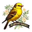 yellow finch bird standing proudly with the word Aubryn Hazel  tattoo design idea