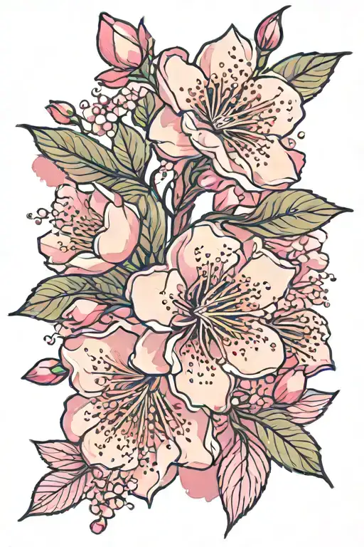 Create a tattoo that has Large, bold cherry blossoms that are eye-catching with Bright red petals with subtle pink highl tattoo design idea