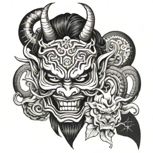 Japanese oni mask with demon woman behind tattoo design idea