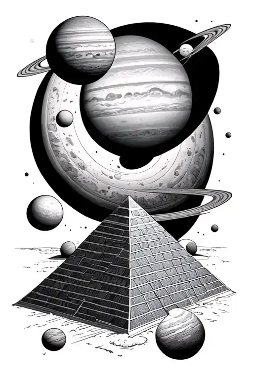 solar system with planets above pyramid tattoo design idea