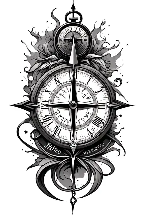 i want a tattoo going around my upper arm. it must include clock, compass with the coordinates, name of my son Matteo, d tattoo design idea