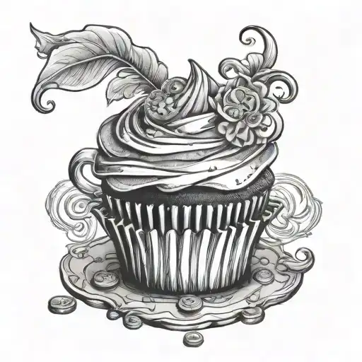 cupcake with coin ontop with teacup and flowing coins  tattoo design idea