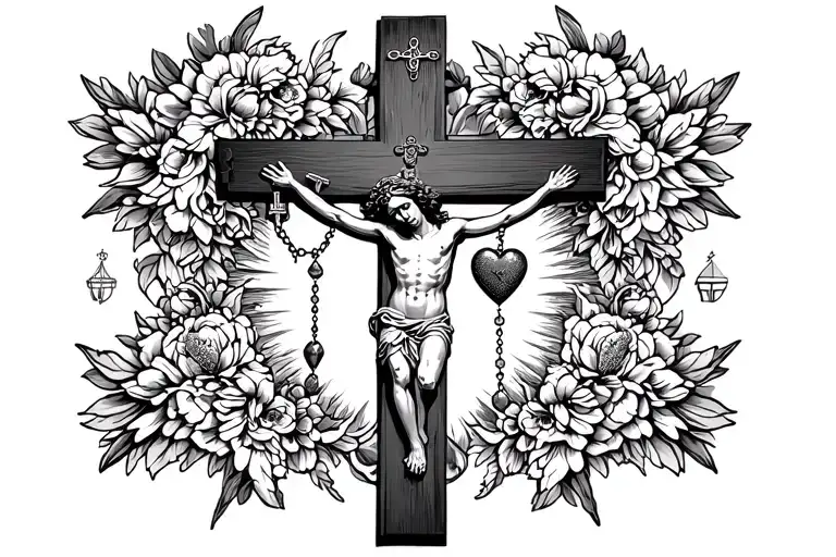 crucifix with rosary and Sacred Heart and centre tattoo design idea
