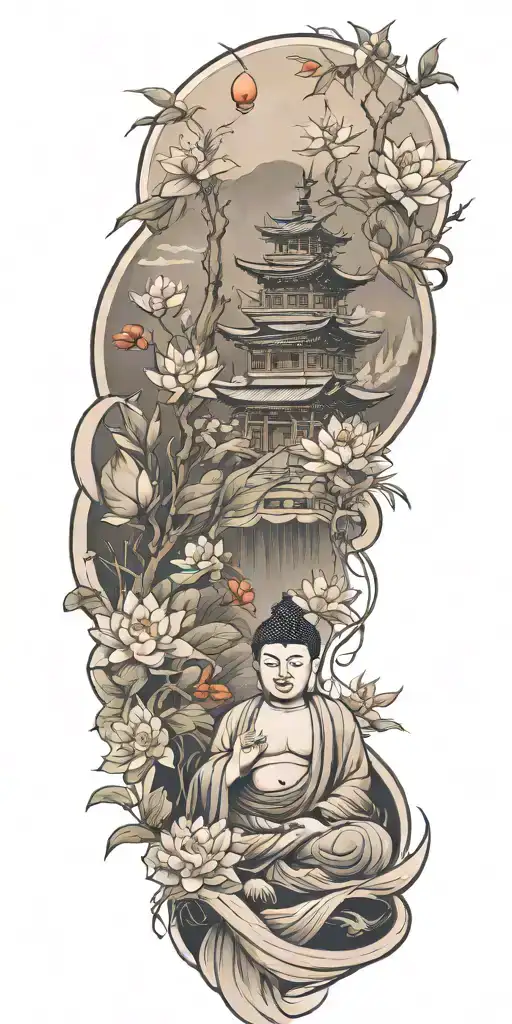 spiritual buddhist inspired tattoo featuring a traditional scenary and nature including buddha, koi, bamboo and lotus tattoo design idea