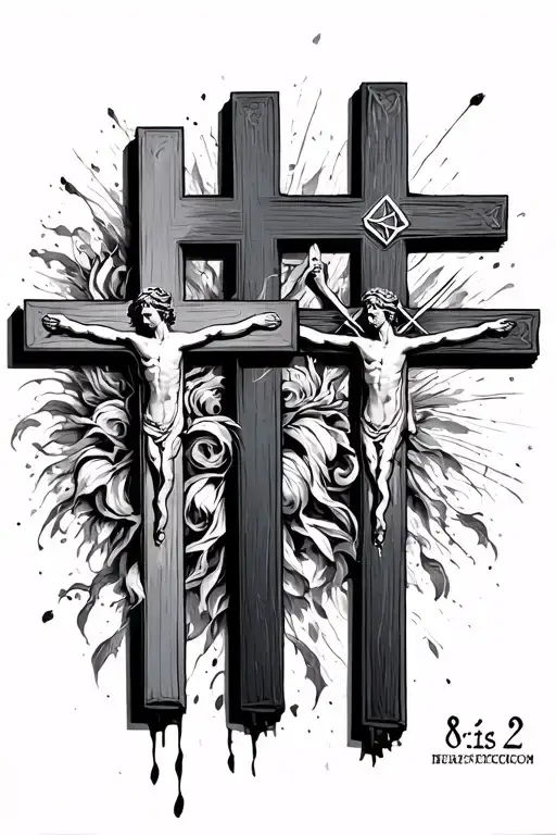 Three crosses next to each other with the verse Roman’s 8 2 rapped around it  tattoo design idea