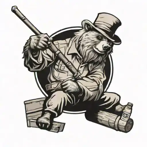 Fierce Russian bear wearing old man Irish farmer clothes in a wooden boat fishing while holding a beer bottle tattoo design idea