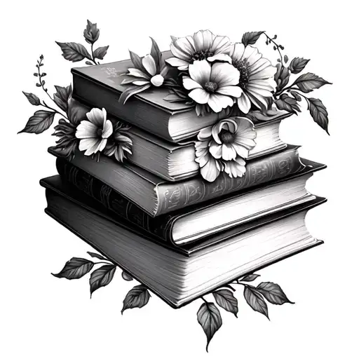 a stack of closed books with flowers growing through and around the books. alot of shading tattoo design idea