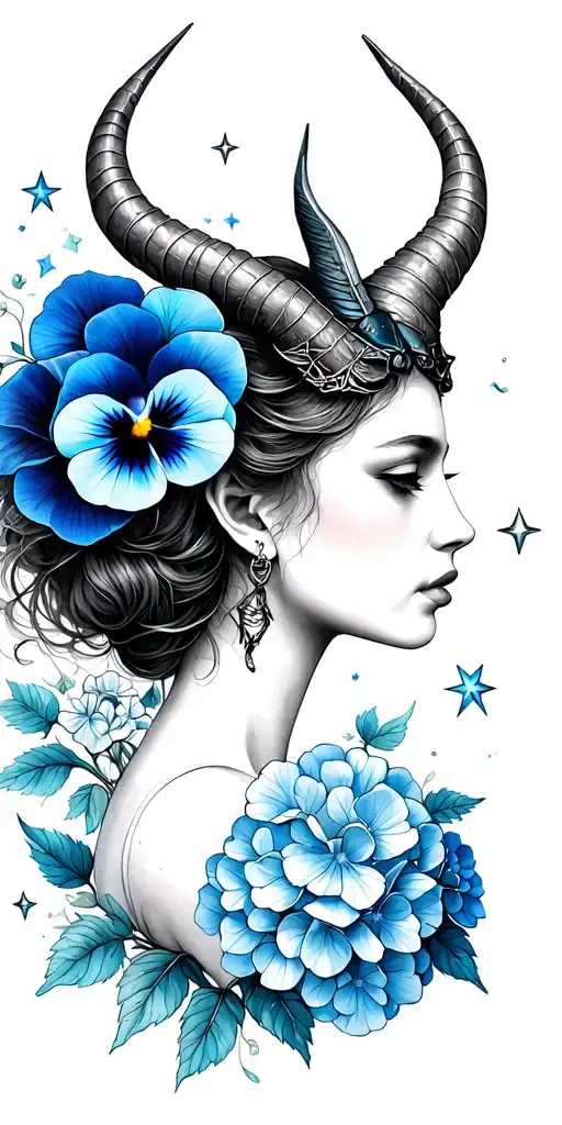 Capricorn woman with horns, LIBRA SCALES, pansy flower, large BEETLE, blue hydrangea petals, stars tattoo design idea