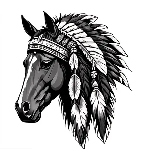 horse head with native american headdress tattoo design idea