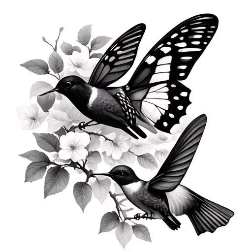 butterfly and hummingbird in pear tree tattoo design idea