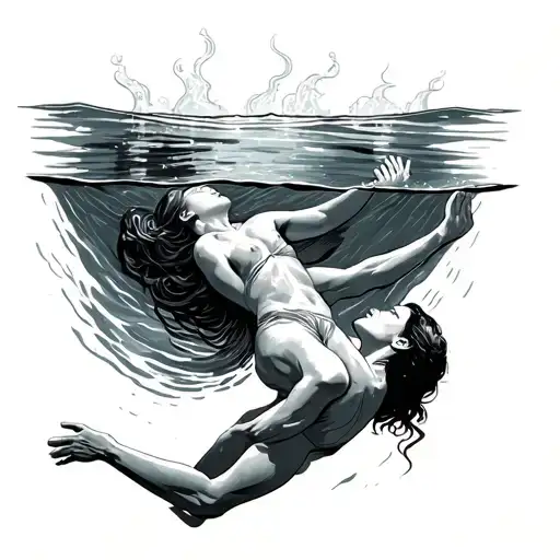 An fainted woman drowning and sinking in deep water. a man diving towards her and his hand trying to reach her hand.  tattoo design idea