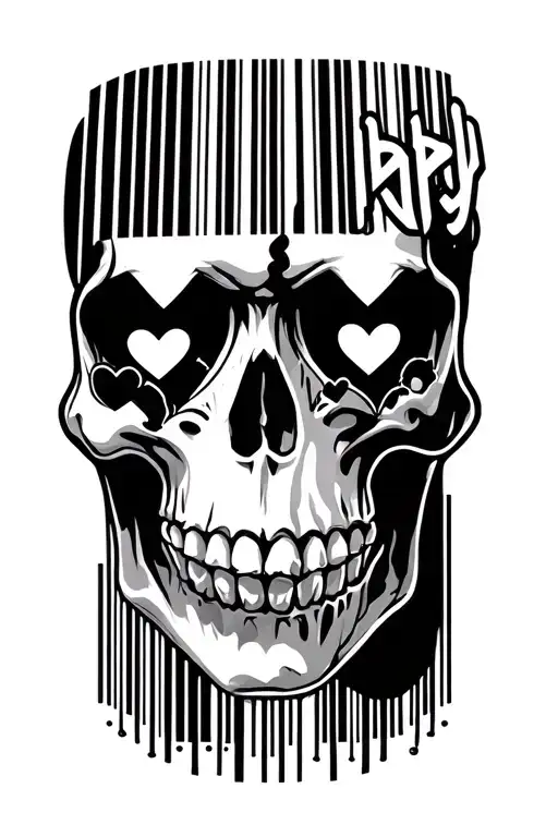 a barcode skull face with gothic heart eyes and daddy in gothic lettering on top and babygirl in gothic lettering on the tattoo design idea