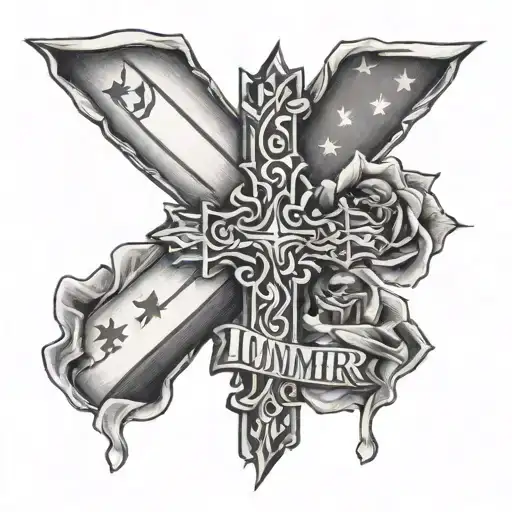 cross with flag around it saying in loving memoring of tanner  tattoo design idea