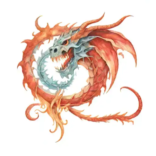 red and blaxl dragon spiraling around a bigger dragon skull tattoo design idea