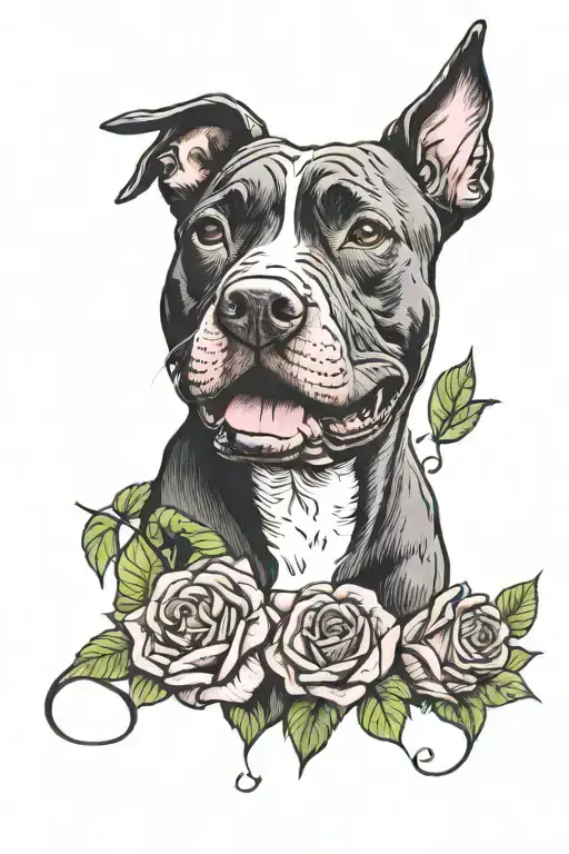 black pit bull, with ears, sitting, smiling, color sketch, roses tattoo design idea