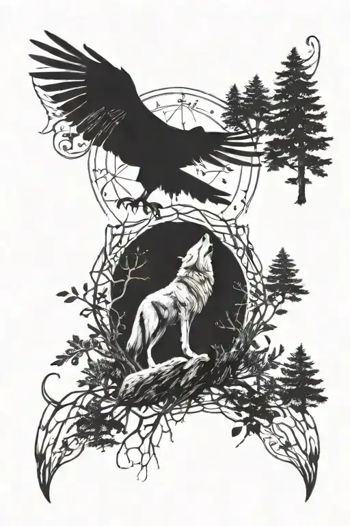A wolf in the middle of the forest, a raven in the sky, around a rune tattoo design idea