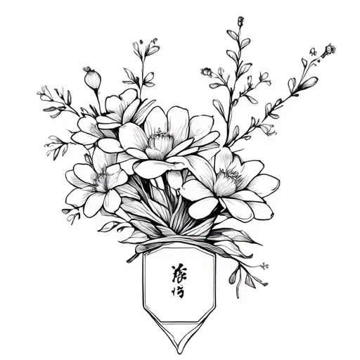 omamori wrapped in flowers. Black and white tattoo design idea