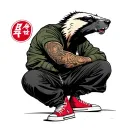 Honey badger in dark colored joggers and a short green jacket with cuffs, on his feet are red high-top sneakers, a la Converse. On the l tattoo design idea