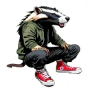 Honey badger in dark colored joggers and a short green jacket with cuffs, on his feet are red high-top sneakers, a la Converse. On the l tattoo design idea