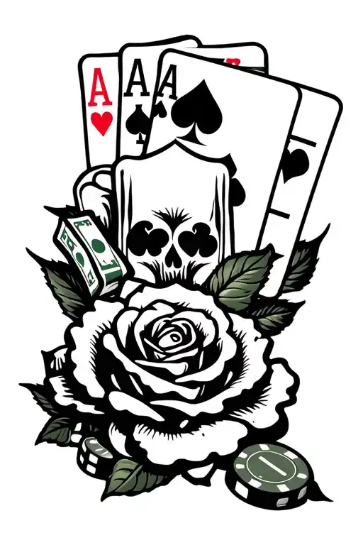 "Life's a Gamble" "Life's a Gamble" casino themed death rose tattoo stencil, chips, dice, money, cards above rose tattoo design idea