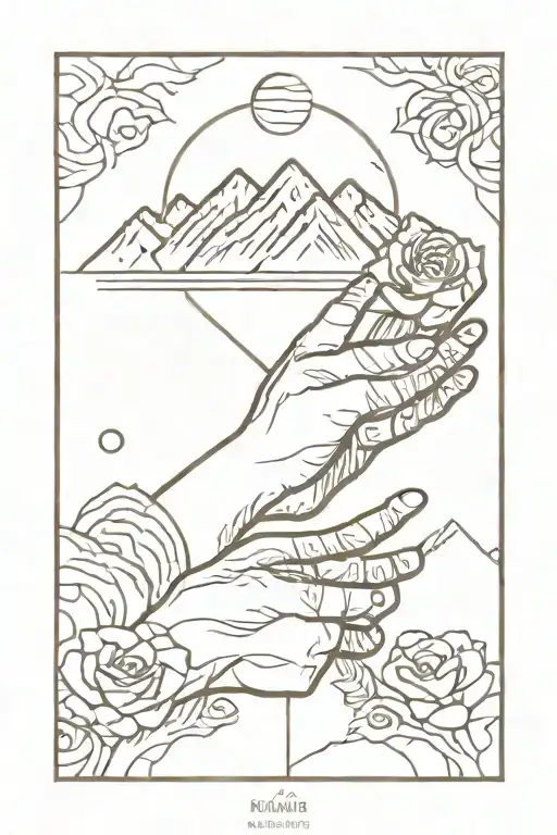 Abstract tattoo on hand mountains, scales with heart and brains, hands connecting memento mori, rose on fire and different inscriptions tattoo design idea