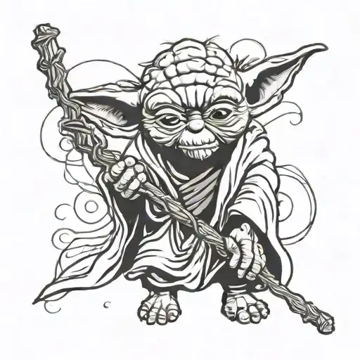yoda walking stick figure holding tattoo design idea