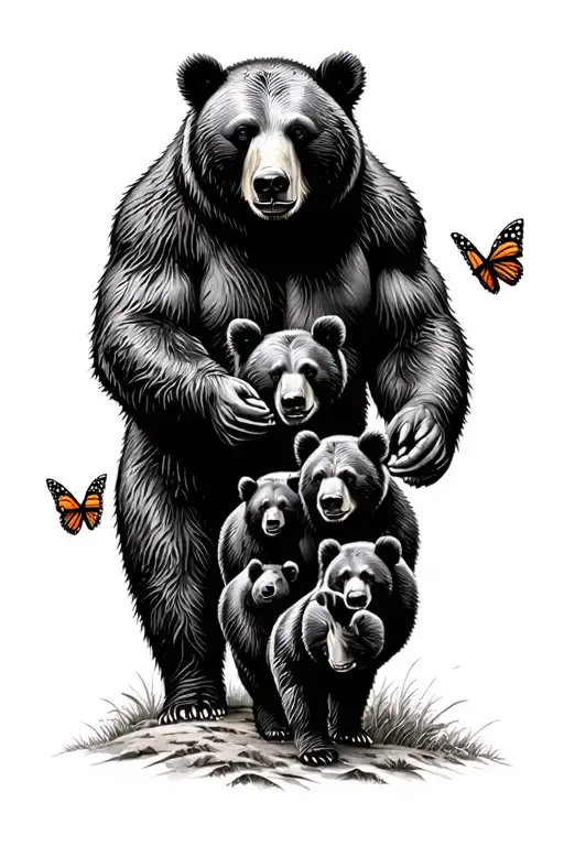 Papa bear and 3 black bear cubs and 2 monarch butterfly walking in the wilderness trees tattoo design idea