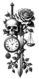 family tree, rose intertwined, evil eye, skull, scales, truth, pocket watch, hour glass, sword tattoo design idea