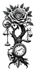 family tree, rose intertwined, evil eye, skull, scales, truth, pocket watch, hour glass, sword tattoo design idea