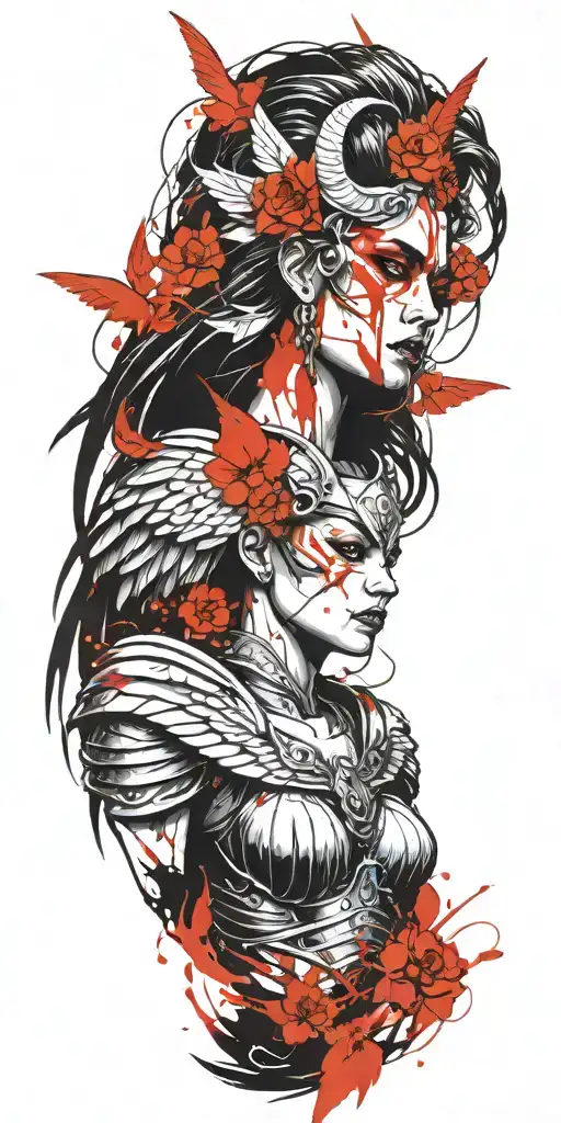 Craft a tattoo design of a Valkyrie with blood red wings, embodying the client's passion for both Viking mythology and vampire aesthetics tattoo design idea