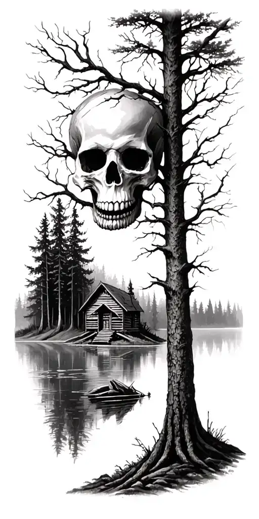 Forest scene where the tree limbs create a skull. lower half of the forest shows an A frame cabin on a small lake tattoo design idea