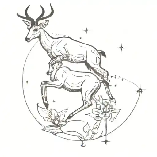 create a tattoo of a male gazelle and an ewe leaping towards a flowering lilly underneath the aries constellation tattoo design idea