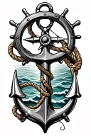 anchor, helm, rope and compass with ocean background tattoo design idea