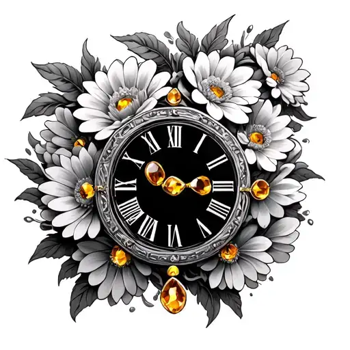 9:01 roman clock with chrysanthemum flowers and citrine birthstones tattoo design idea