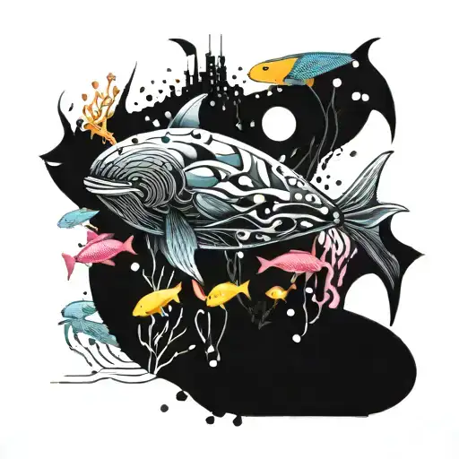 A futuristic underwater scene with robotic whales swimming alongside colorful fish tattoo design idea